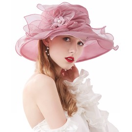 ELLYDOOR Women Organza Derby Church Fascinator Hat Fancy Wide Brim Sun Hats for Wedding Tea Party Hat Pink