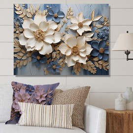 DesignQ Seasonal Flowers Wall art decor, Seasonal Flowers Wall Art, Serene Blue Floral Mixture, Beige Canvas wall art, 44x34 inches