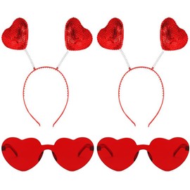 Hosfairy 2 diademas de lentejuelas en forma de corazón y 2 gafas de corazón rojo para el día de San Valentín, accesorios de fiesta de vacaciones, boda, cumpleaños, accesorio de disfraz
