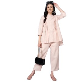 Bani Women 2 Piece Summer Outfits Co-ord Set with Pant & Tunic Top Mandarin Neck 3/4 Sleeves Indian Co-ord Set Beige