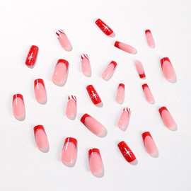 Christmas Press on Nails Medium Square Fake Nails Coffin Nails French Tip False Nails Snowflake Glue on Nails Red Full Cover Acrylic Stick on Nails Nude Artificial Nails For Women Manicure 24Pcs