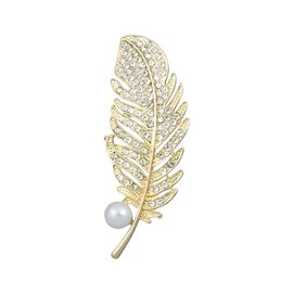 LPYO Feather Brooches Pin for Women Men Elegant Rhinestone Pearl Feather Leaf Lapel Pins for Clothing Bag Hat Dress Wedding Party Accessories (Rose Gold)