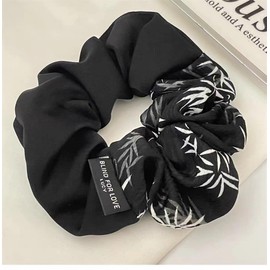 Chinese Artistic Satin Scrunchie, Bamboo Print Satin Hair Scrunchie Elastic Hair Ties Soft Hair-Friendly Snag-Free Scrunchies for Women (Black)