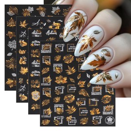 8 Sheets Bronzing Fall Nail Art Stickers Decals 3D Self-Adhesive Laser Gold White Leaves Flowers Nail Decals Autumn Maple Leaf Nails Design Stickers Thanksgiving Nail Art Supplies for Women