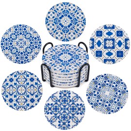 Ceramic Coasters for Drinks Absorbent - Metal Holder Set, Dry & Clean, Anti-Slip Cork Bottom - Blue and White Porcelain, Perfect for Living Room, Kitchen, or Outdoor Use