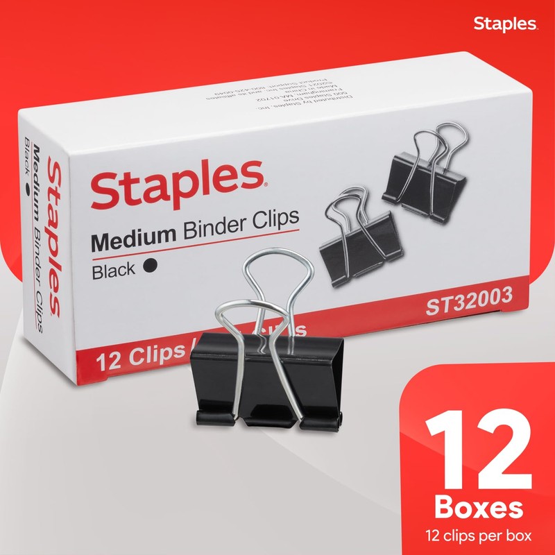 Staples Medium Binder Clips, 0.63" Capacity, Black, 144 Clips/Pack (ST32003)