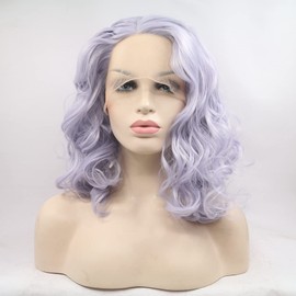 xiweiya Short Silver Purple Wavy Lace Front Wig Middle Part Lavender Lace Front Wig Heat Resistant Fiber Bob Hair for Women 14inch