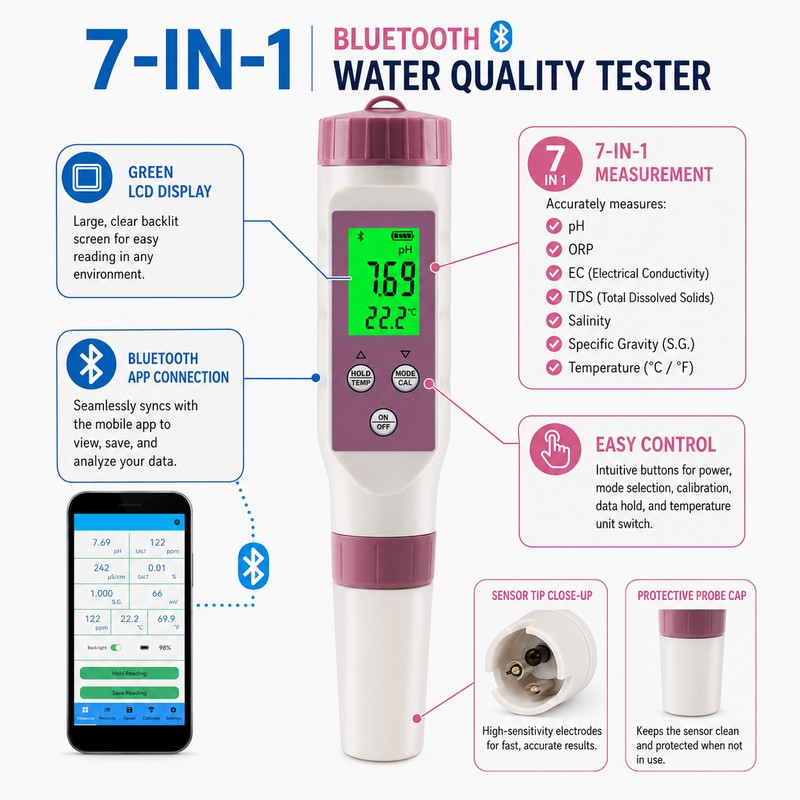 7-in-1 Bluetooth Water Tester for Aquariums & Hydroponics – pH,