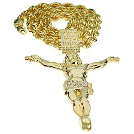 Bling Cartel 14k Gold Plated Huge Jesus Body Pendant w/Gold Finish 30" x 10MM Rope Chain Hip Hop Rapper Necklace