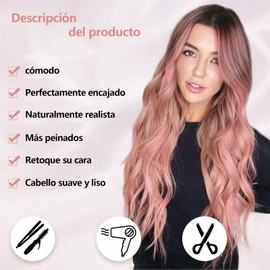 Pelucas para Mujer Cabello Natural 26 pulgadas, Peluca Rosa Ondulada, Fibra de Alta Calidad, Resistente a Altas Temperaturas y Se Puede Permanente y Teñir (Rosa)