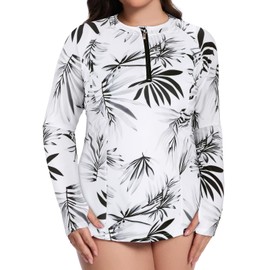 Tanst Sky Plus Size Swimming Tops for Women,Women's UV Shirts Zipper Long Sleeve Modest SPF 50+ Sun Protection Rash Guard Ladies Quick Dry Swimwear Modest Hiking Beach Wear Black Leaf 3XL
