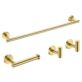 Hoooh 4-Piece Bathroom Accessories Set Stainless Steel Wall Mount Brushed Gold - Includes 24-Inch Towel Bar, Toilet Paper Holder, 2X Robe Hooks, BS100S4B-BG