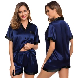 SWOMOG Couples Pajama Set Women & Men Silk Satin Short Sleeve Set Top and Shorts Sleepwear Soft Button-Down Loungewear Men Deep Navy Blue X-Large