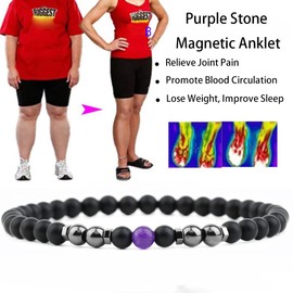 EUMENIDES Black Frosted Stone Magnetic Anklet，9.45" Length,6MM, 2 Packs,Natural Frosted Stone Anklet， Improve Sleep, (Purple Pine stone+Magnet)