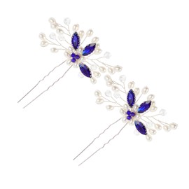 Healeved 2pcs Blue Rhinestone Pearl Bridal Hair Pins U Shaped Hair Forks for Women