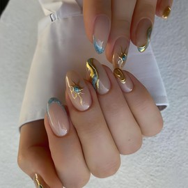 Almond Press on Nails Short French Tips Fake Nails Oval Acrylic False Nails with Designs Gold Sun Marble Wave Glue on Nails Press ons Manicure Art Stick on Nails for Women Girls 24Pcs