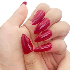 NGMATY Press On Nails Classic Red Glossy Nails Art Solid Color Nails Medium Tip Almond Fake Nails 12 Sizes - 24 Pcs Gel False Nail Set
