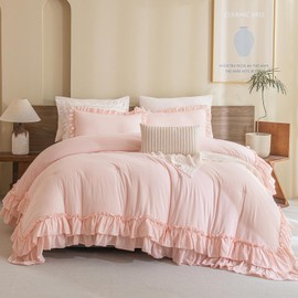 Masaca Kids Twin Ruffle Comforter Set - Shabby Boho Chic Farmhouse Rustic Bedding - 3-Piece Set (1 Ruffled Blush Comforter, 2 Pillowcases)