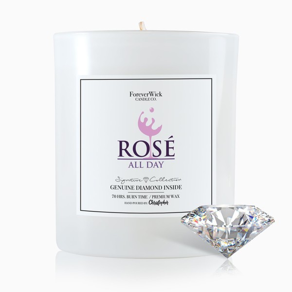 Rosè All Day Surprise Candle with Diamond Inside | Foreverwick Candles | Scented Soy Candles Gifts for Women Anniversary Candle Wax | Romance Candles All-Natural Organic Soy Candle 14oz | 70h