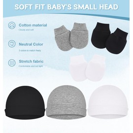 ZURLEFY Cotton Black Baby Boy Hats and Mittens Set Unisex, 3 Pack Toddler No Scratch Mittens and Beanie Cap Infant Newborn Hospital Hat (54-01-3P)
