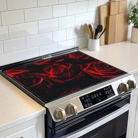 Rose Stove Top Cover for Electric, Abstract Red Rose and Black Leaves Glass Ceramic Stove Cover, Heat Resistant Flat Stovetop Protector, Dish Drying Mats for Kitchen