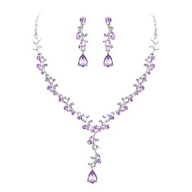 EleQueen Silver-Tone Purple Austrian Crystal Necklace Earrings Bridal Jewerly Set for Brides Wedding Party Dress Costume Accessories for Women