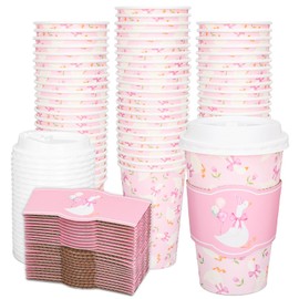 Whaline 50Pcs Silly Goose Disposable Coffee Cups with Lids and Sleeves Pink Bow Cute Goose Paper Drinking Cups for Spring Birthday Baby Shower Party Supplies