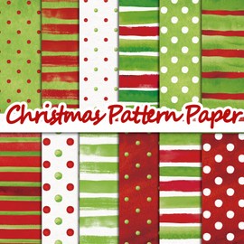 Whaline 24Pcs Christmas Watercolor Pattern Paper Red Green Scrapbook Specialty Paper Polka Dot Stripe Double Sided Craft Paper for DIY Card Making Photo Album Decor, 11.8 x 11.8 Inch