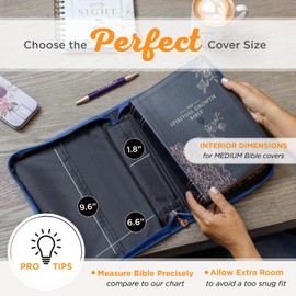 Christian Art Gifts Vegan Leather Fashion Bible Cover Carry Case for Women: Seek First the Kingdom of God - Mat. 6:33 Inspirational Scripture Verse w/Pockets, Pen Storage & Gold, Metallic Blue, Medium