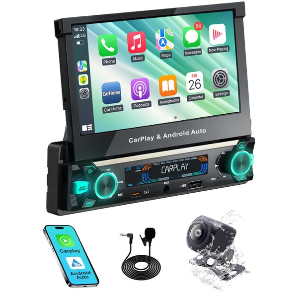 【Upgrade】Y-METDRIVING Single Din Motorized Flip Out Touchscreen Car Radio with