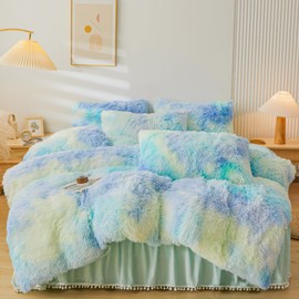 ERLOXO Fluffy Tie Dye Comforter Cover Set King，Fluffy Fuzzy Plush Tie Dye Bedding 3Pcs (1 Faux Fur Duvet Cover +2 Faux Fur Pillowcases) Tie Dye Fluffy Bed Set(Tie Dye Sage Green, King)