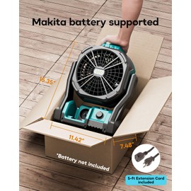 DeForce Battery Operated Fan, for Makita 18V Battery, Camping Fan Cordless, Option for Corded, with LED Lights, Variable Speed, Hook for Hanging, for Jobsite, Blue(Bare Tool Only)