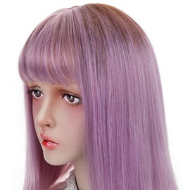 Full Wig, Semi-Long, Everyday Use, Straight, Natural, Whorl, Synthetic Hair, Heat Resistant, Fashion (Pink), Pink