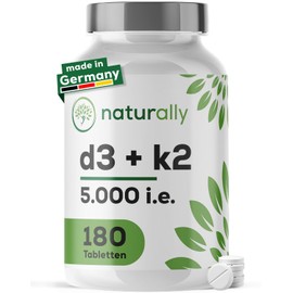 Natural Vitamin D3 K2 Tablets High Dose - 5000 IU Vitamin D3 per Tablet, K2 as MK7, Vegan, No Additives [Pack of 180]