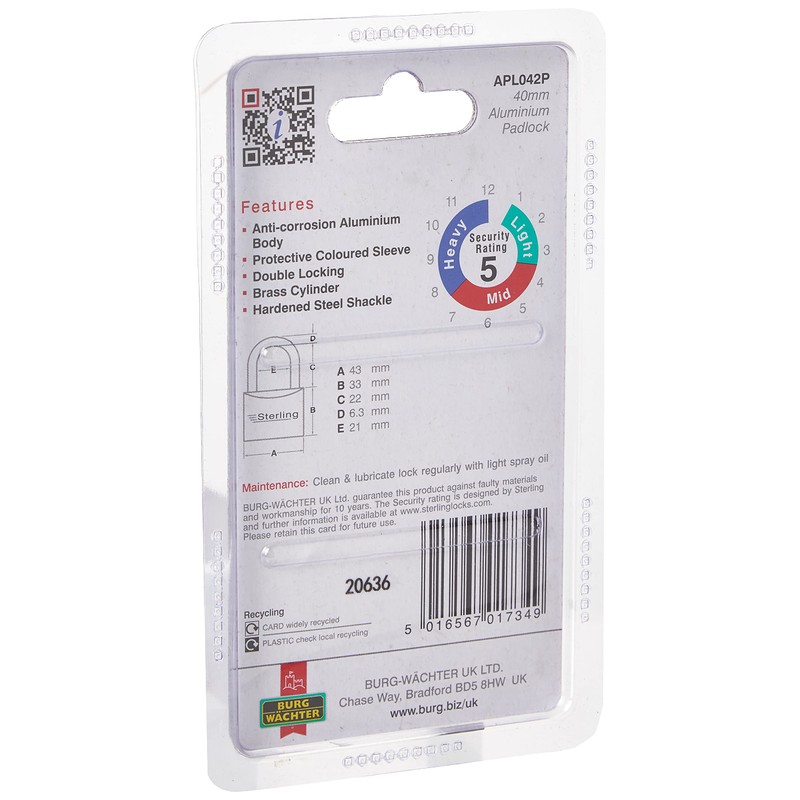 Sterling APL042P 40mm Aluminium Double Locking Padlock, Red Or Blue