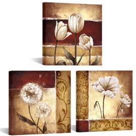DuoBaorom 3 Pieces Vintage Flower Canvas Wall Art Abstract Dandelion Tulip Poppy Floral Picture Painting Artwork for Farmhouse Home Bedroom Decor Ready to Hang 12x12inchx3pcs