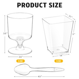 100 Pack 5oz Square and Goblet Plastic Dessert Cups with Spoons, Mini Parfait Cups Dessert Shooter Cups for Party Serving Banana Pudding, Yogurt, Fruit, Jello, Appetizer