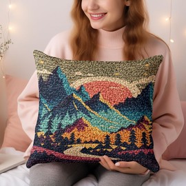 Landscape of Sunset Mountain Tree Latch Hook Pillow Kit for Adults with Printed Canvas Crochet Yarn DIY Throw Pillow Cover Needle Craft Handmade Cushion for Home Sofa Decor 43x43cm(2)