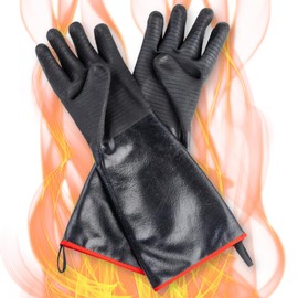 Tablecraft High Heat Resistant Kitchen Gloves, Long Pair of for Oven, BBQ, Neoprene Open Flame Hand Protection, Food-Grade, Lightweight, Comfortable, Safety Grip for Professional Chefs, Red Black