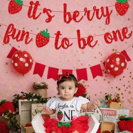 It's Berry Fun to be One Banner, Glitter Berry First Birthday Decorations,Berry Sweet One Baby Shower Decoration, Strawberry Birthday Party Supplies (Red)