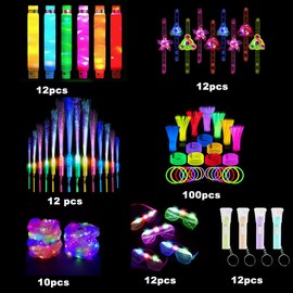 Topsmileusa 170 pcs Glow in the Dark Party Supplies,Hair Bands,Spinner Bracelets,Light up Pop Tubes,Mini Flashlight,Fiber Optic Wands, LED Glasses,Lights for Wedding, Birthday (Combination 170pcs)