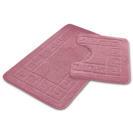 VELVETIO Bath Mat Set 2 Piece Machine Washable for Bathroom, Jacquard Greek Non Slip Quick Dry Shower Rugs & Bathtub Mats, Highly Water Absorbent 100% Polypropylene Toilet Rug Sets, Dusty Pink