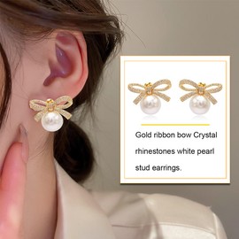 Clyhon New York Gold Ribbon Bow Knot Crystal Rhinestone White Pearl Stud Earrings, Pearl