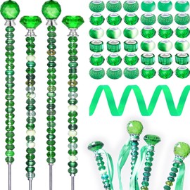 119 Pcs Garden Stake DIY Fairy Wand Plant Stake with Green Large Hole Beads Crystal Diamond Stopper Top 4 Stainless Steel Threaded Rod Beaded Garden Stakes for Outdoor Indoor Yard Patio Decorations