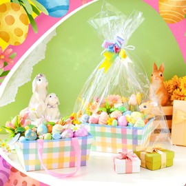 Skyygemm 12 Pcs Easter Basket for Gifts Empty 9.8 x 6.5'' Colorful Gift Basket with Handles, Bows, Plastic Bags and Twist Ties to Fill for Spring Easter Wedding Birthday Goodies Stuffer, Party Favors