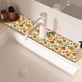 Abstract 70s Mushroom Floral Sink Faucet Absorbing Mat Sink Splash Guard Faucet Mat Draining Mat Fast Drying Sink Protectors for Kitchen and Bathroom 5.5"×24"
