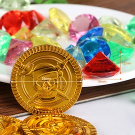 Kesote 300 x Pirate Treasure Toy Children 100 Gold Coins + 200 Gemstones Pirate Decoration for Children's Birthday Party Party Bags