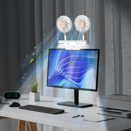 USB Screen Clip on Fan via Flip-Open LED Light Bar, Two-Head Personal Cooling Fan Computer Monitor Fan Laptop Fan Quiet USB Fan for Office, 3 Wind Speeds, for Flat, Curved Monitors (Glacier Silver)