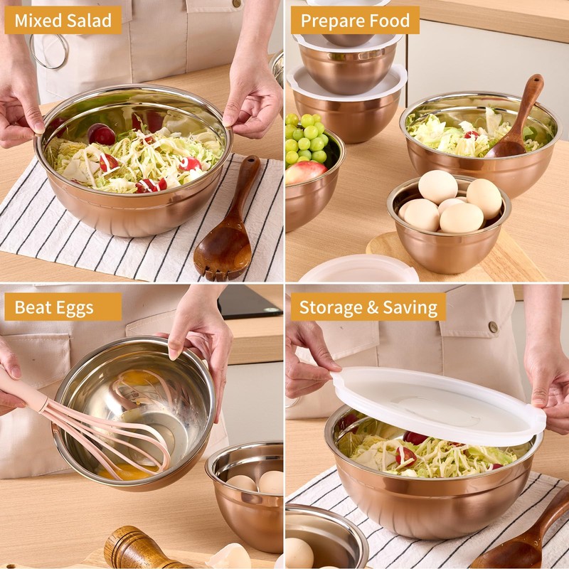 Onlycooker Rose Gold Mixing Bowls With Airtight Lids,Stainless Steel Bowl,Salad
