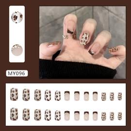 Press on Nails Square Short Length Glossy Full Cover Acrylic Square Shaped False Nails with Leopard Designs Artificial Short Square Fake Nails with Charms Glue Stick ons Fingernails for Women(MY096)